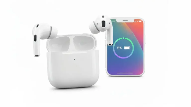 Słuchawki AirPods leżące na białym tle obok etui ładującego z wyświetlonym poziomem baterii na ekranie iPhone