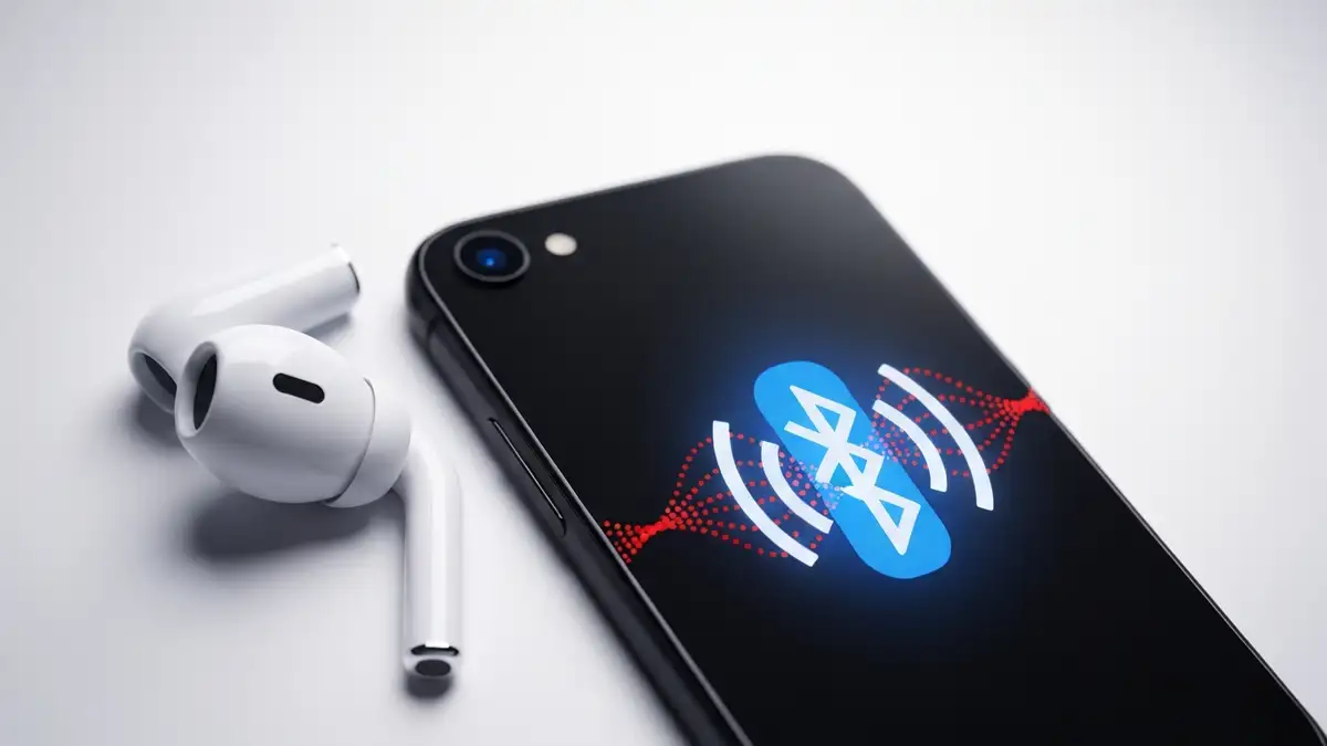 Para białych AirPods Pro obok iPhone z ikoną Bluetooth na ekranie, problem z przerwą w dźwięku