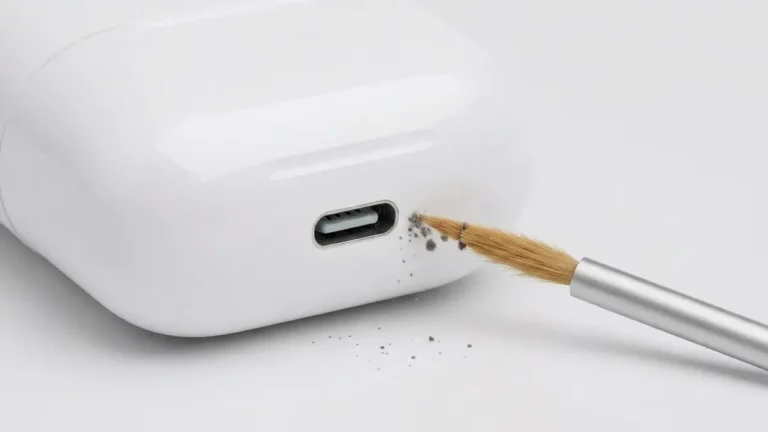 Białe etui AirPods Pro z widokiem portów ładowania USB-C i procesu czyszczenia małą szczoteczką