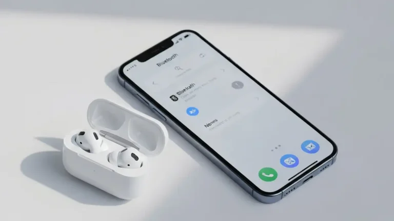 AirPods w etui ładującym obok iPhone'a pokazującego menu ustawień Bluetooth z widocznym trybem parowania