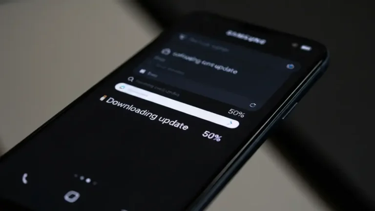 Samsung Galaxy telefon z utknięta aktualizacją One UI na ekranie, progress bar w połowie