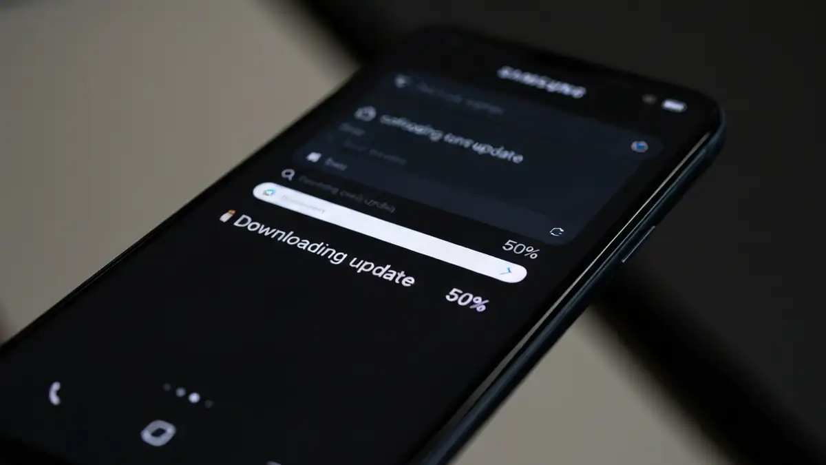 Samsung Galaxy telefon z utknięta aktualizacją One UI na ekranie, progress bar w połowie