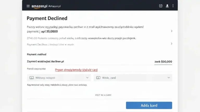 Ekran błędu płatności odrzuconej na Amazon.pl z alertem i przyciskiem dodaj kartę