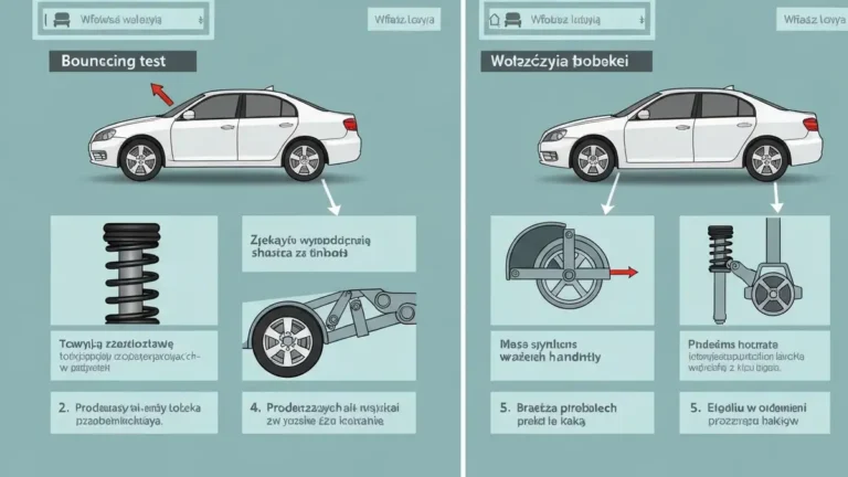 Diagrama pokazująca pięć głównych objawów zepsutych amortyzatorów: test kiwania, hałasy, wypadnięcie, problemy z hamowaniem, wycieki