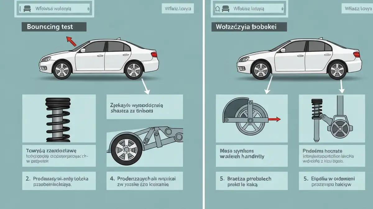 Diagrama pokazująca pięć głównych objawów zepsutych amortyzatorów: test kiwania, hałasy, wypadnięcie, problemy z hamowaniem, wycieki