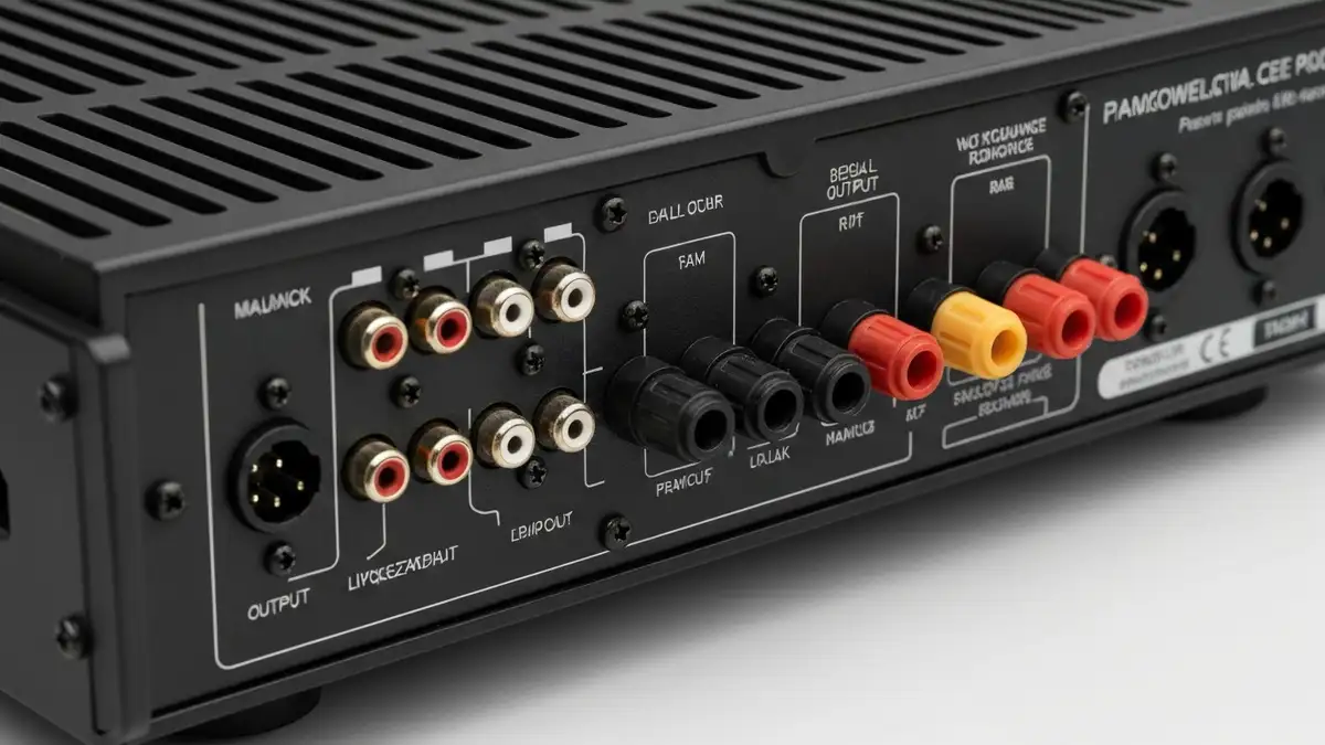 Amplituner AV z zaznaczonymi wyjściami audio RCA i problemem z połączeniami głośników