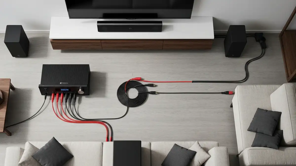 Amplituner AV z podłączonymi głośnikami surround i kablami RCA, schemat topologii systemu audio domowego