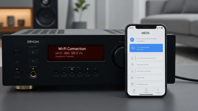 Amplituner Denon z wyświetlaczem pokazującym błąd połączenia WiFi i aplikacja HEOS na ekranie smartfona