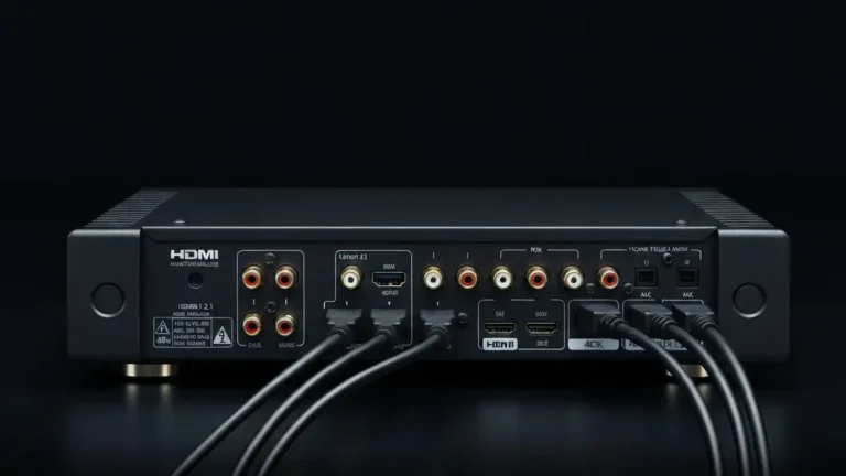 Amplituner audio z podłączonymi kablami HDMI 2.1 i zestawem telewizora
