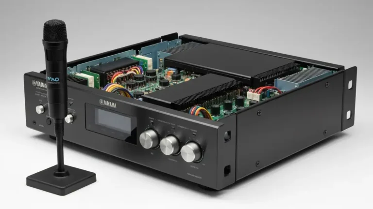 Amplituner Yamaha RX z mikrofonem kalibracyjnym YPAO na białym tle