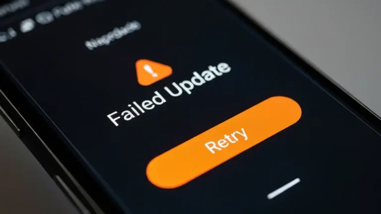 Ekran telefonu Android z błędem aktualizacji i ikoną ostrzeżenia