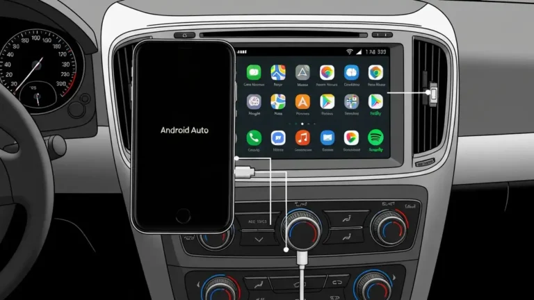 Telefon Android podłączony kablem USB do radia samochodowego z wyświetlaniem Android Auto na ekranie