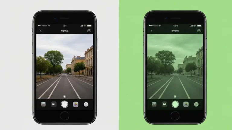 Porównanie zdjęcia z normalnym kolorem i zielonego przebarwienia na ekranie iPhone