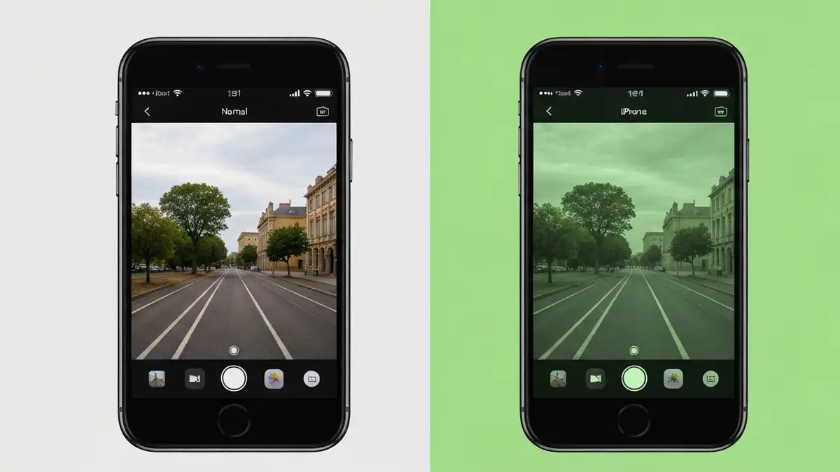 Porównanie zdjęcia z normalnym kolorem i zielonego przebarwienia na ekranie iPhone