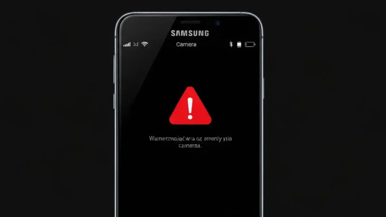 Telefon Samsung z ikoną aparatu i komunikatem błędu