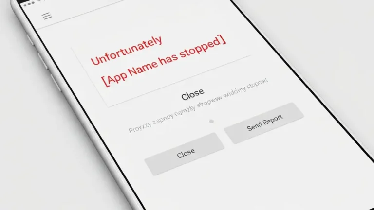 Android smartfon wyświetlający komunikat błędu crasha aplikacji z przyciskami Zamknij i Wyślij raport