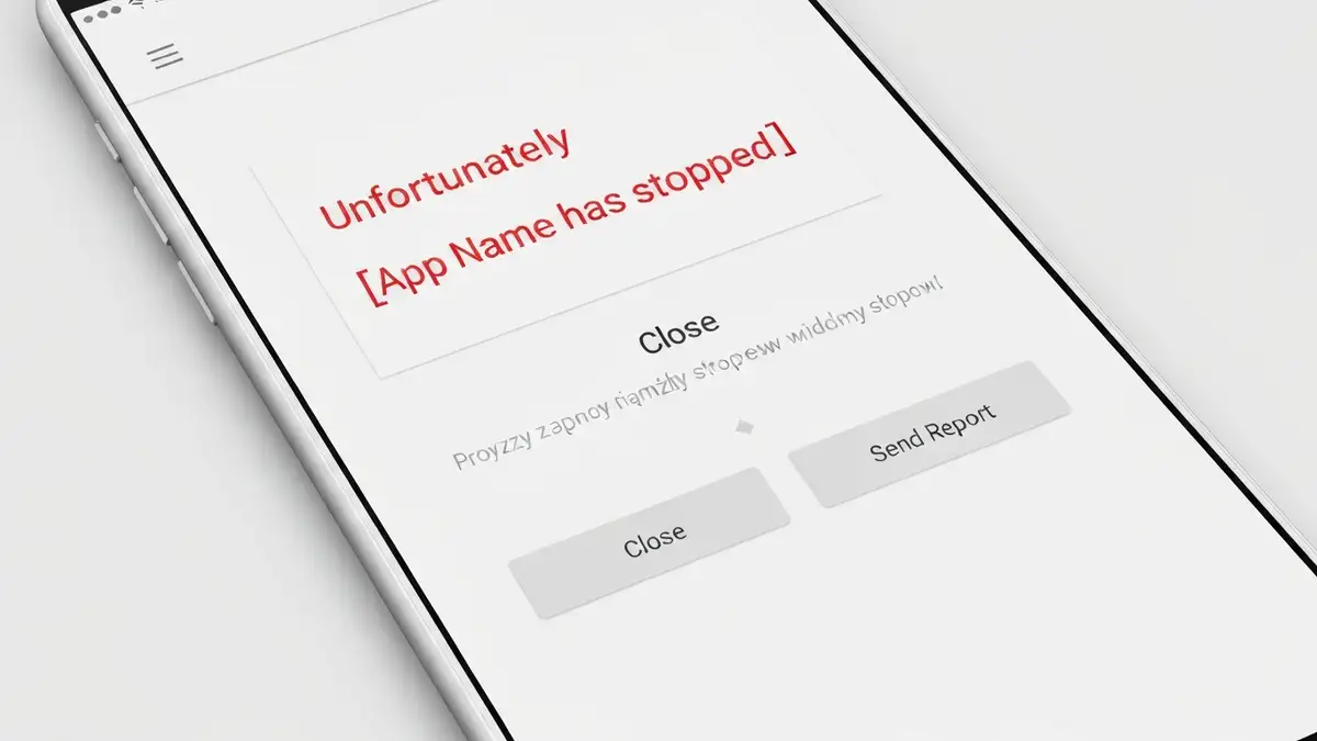 Android smartfon wyświetlający komunikat błędu crasha aplikacji z przyciskami Zamknij i Wyślij raport