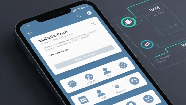 Ekran telefonu Android z komunikatem crash'u aplikacji, ikonami narzędzi diagnostyki
