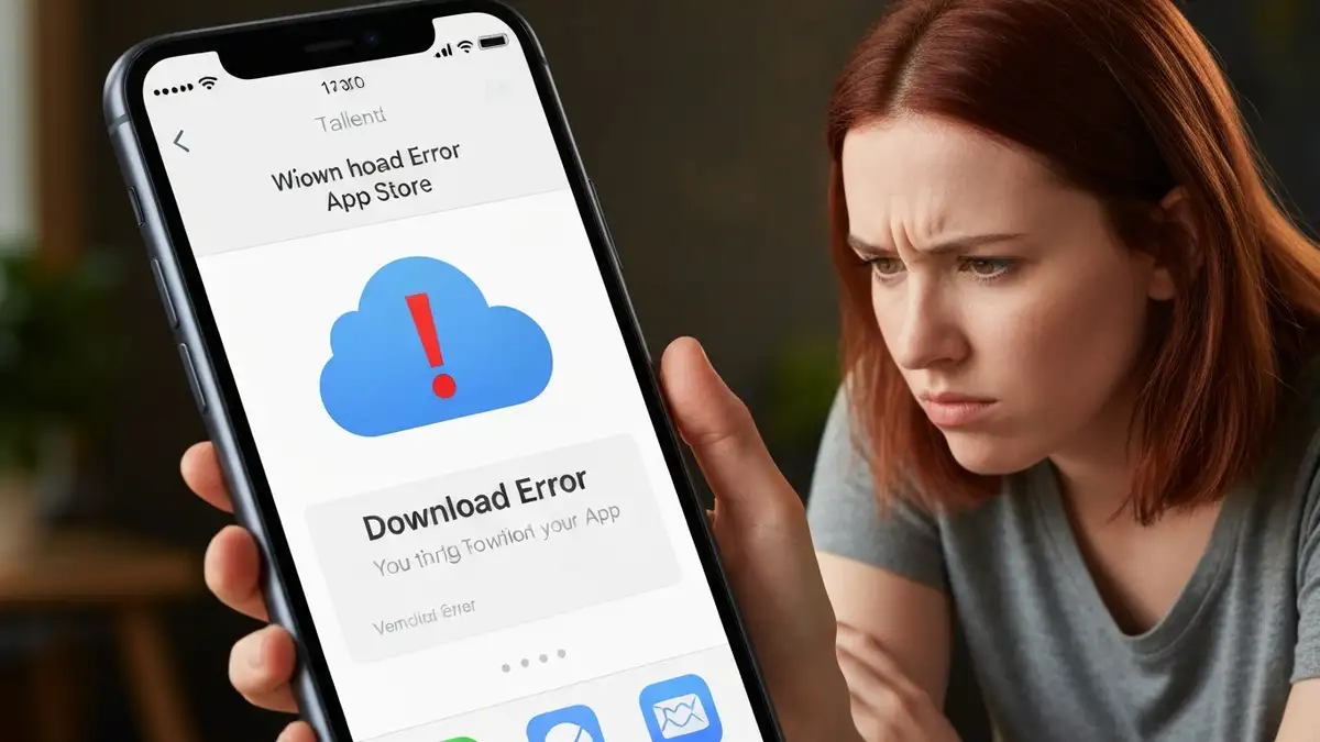 iPhone z App Store pokazujący błąd pobierania aplikacji na ekranie