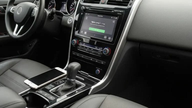 Ekran Apple CarPlay w samochodzie z błędem połączenia, iPhone widoczny na fotelu pasażera
