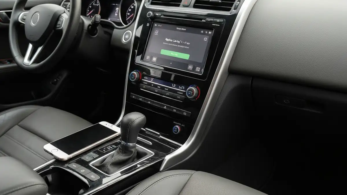 Ekran Apple CarPlay w samochodzie z błędem połączenia, iPhone widoczny na fotelu pasażera