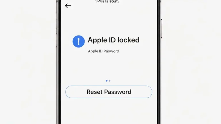 Ekran iPhone pokazujący komunikat o zablokowanym Apple ID z przyciskami resetowania hasła
