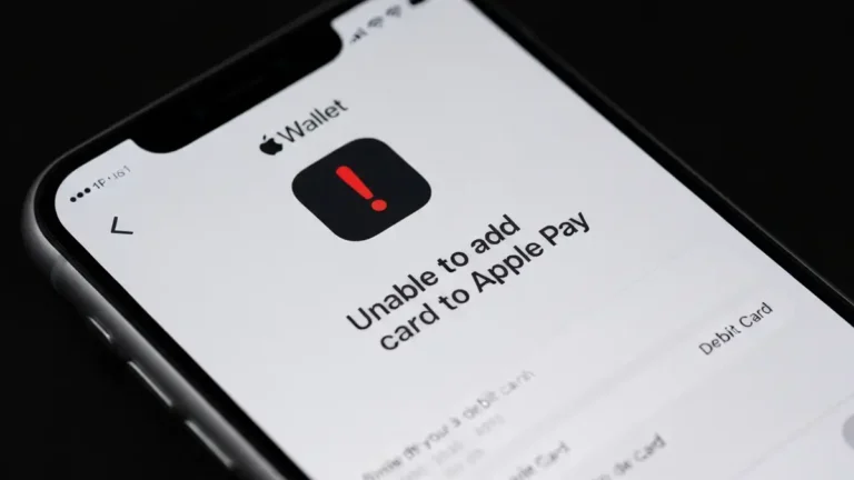 Ekran iPhone z błędem 'nie można dodać karty do Apple Pay' w aplikacji Wallet