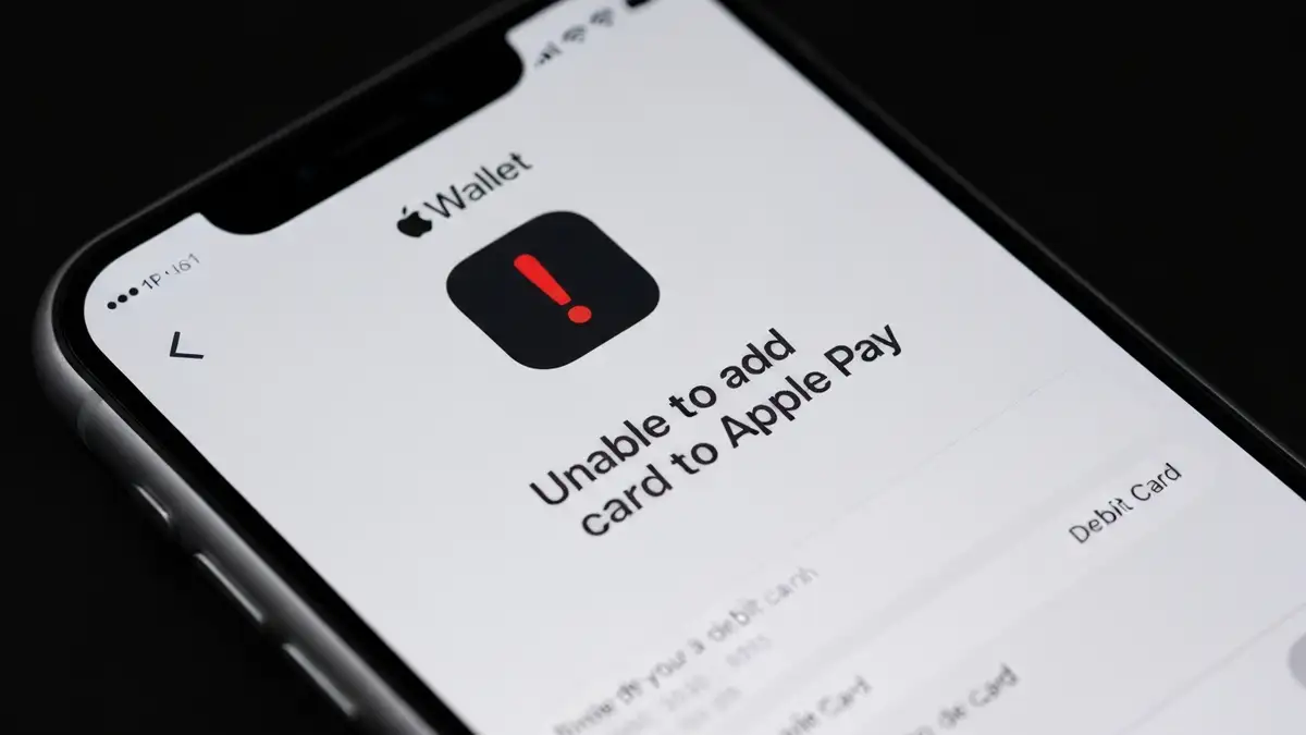 Ekran iPhone z błędem 'nie można dodać karty do Apple Pay' w aplikacji Wallet