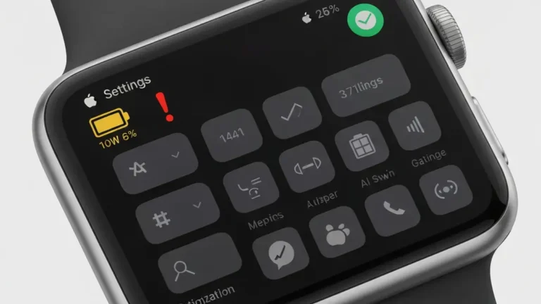 Apple Watch z niskim wskaźnikiem baterii na ekranie, przedstawiający szybkie rozładowanie i optymalizację ustawień