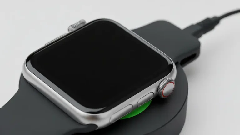 Apple Watch z czarnym ekranem leżący na ładowarce magnetycznej