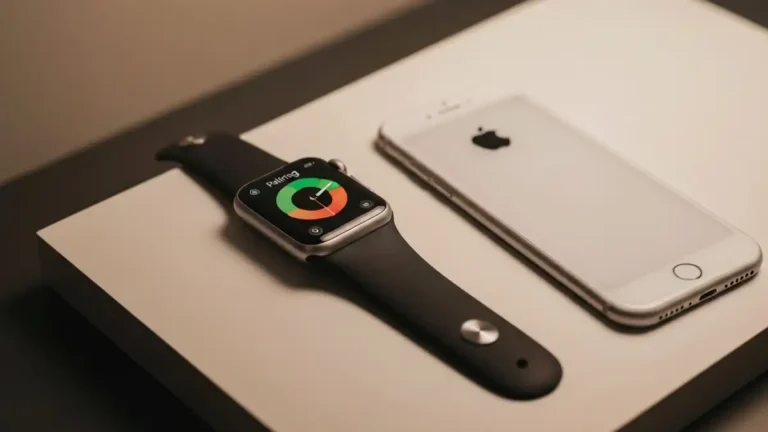 Apple Watch wyświetlający ekran parowania z iPhone'em w tle