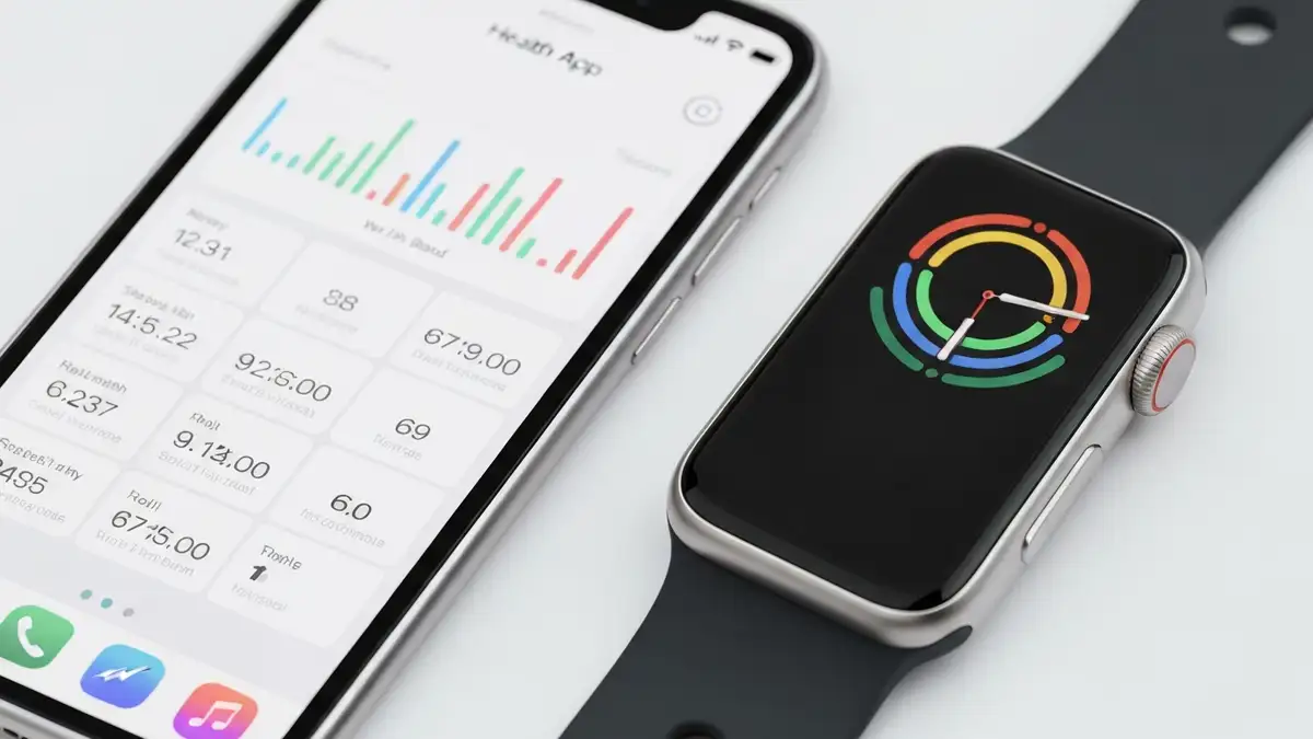 Apple Watch wyświetlający aplikację Health obok iPhone'a z pulpitem aktywności i ikoną synchronizacji