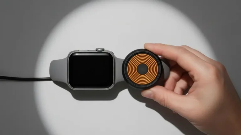 Apple Watch pokazujący czarny ekran i dłoń trzymająca zegarek przy ładowarce indukcyjnej