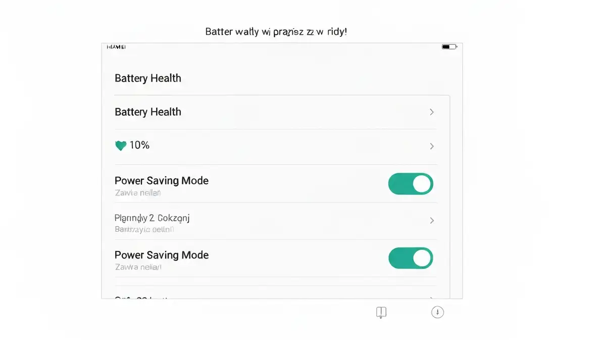 Ekran telefonu Huawei pokazujący menu EMUI z ustawieniami baterii i trybem oszczędzania