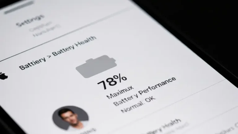 Ekran iPhone pokazujący Battery Health kondycję baterii na 78 procent ze wskaźnikiem maksymalnej pojemności