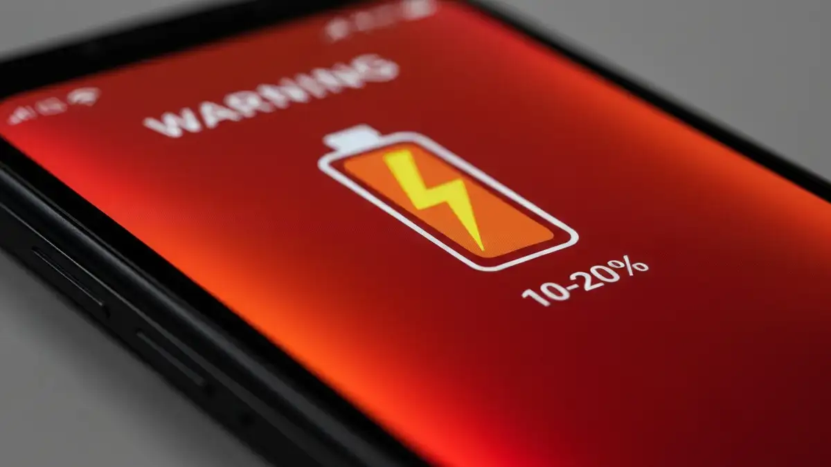 Smartfon z niskim wskaźnikiem baterii na ekranie, symbol błyskawicy i baterii