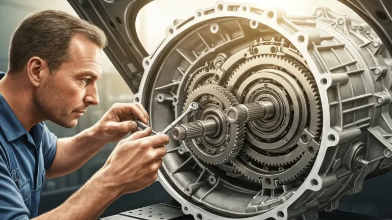 Mechanik sprawdza sprzęgło i synchronizator w skrzyni biegów samochodu