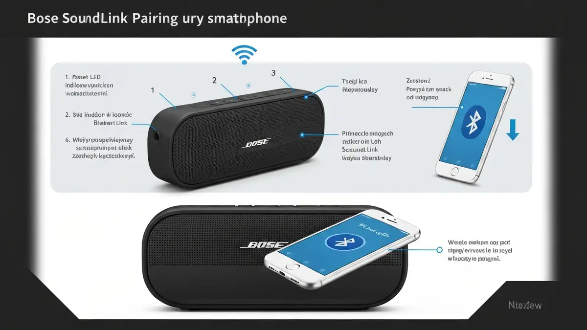 Bose głośnik SoundLink ze wskaźnikami diod, telefon z ikoną Bluetooth, procedura sparowania krok po kroku