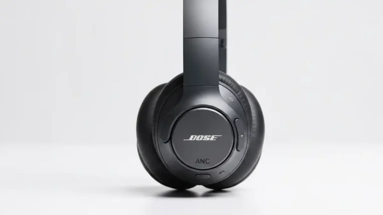 Słuchawki Bose QuietComfort z włączonym przyciskiem ANC na białym tle