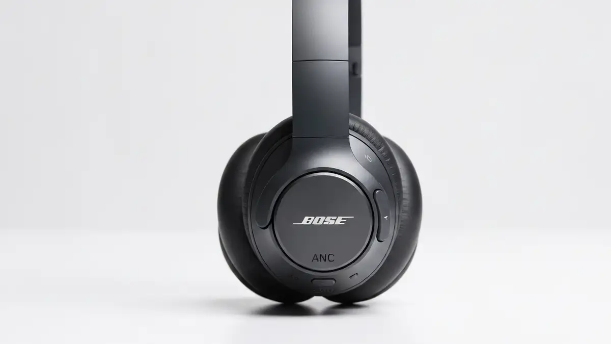Słuchawki Bose QuietComfort z włączonym przyciskiem ANC na białym tle