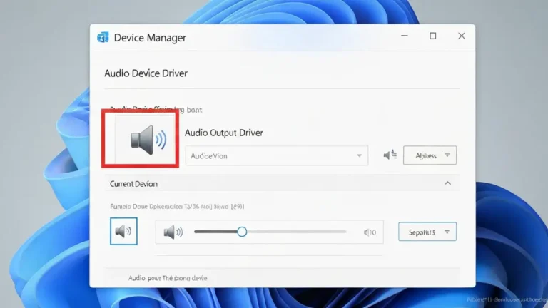 Okno ustawień dźwięku w Windows 11 z oznaczonym sterownikiem audio i kontrolą głośności