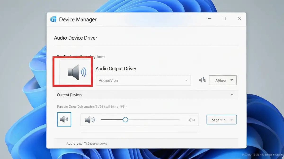Okno ustawień dźwięku w Windows 11 z oznaczonym sterownikiem audio i kontrolą głośności