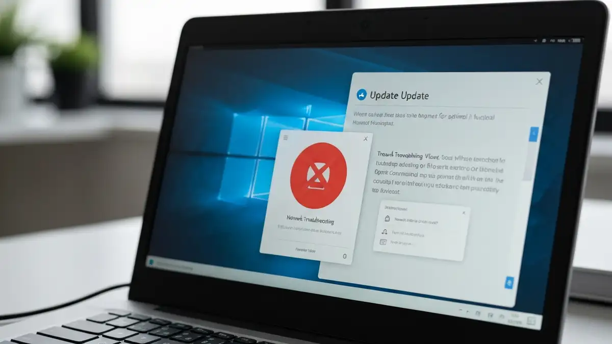 Ekran laptopa z wyłączonym internetem i ikoną braku połączenia sieciowego po aktualizacji Windows
