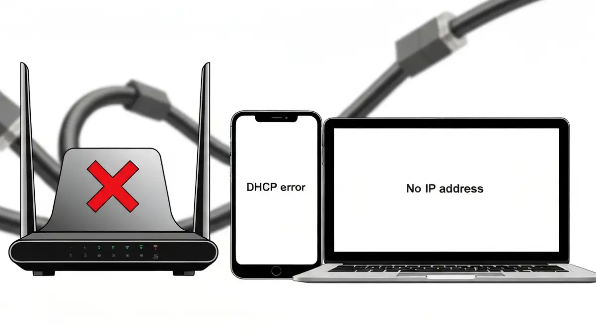 Router WiFi z ikona błędu DHCP, ekran z komunikatem brak adresu IP