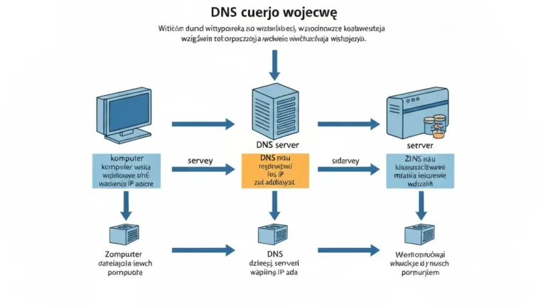 Schematyczne przedstawienie systemu DNS - komputer wysyła zapytanie do serwera DNS który zwraca adres IP strony