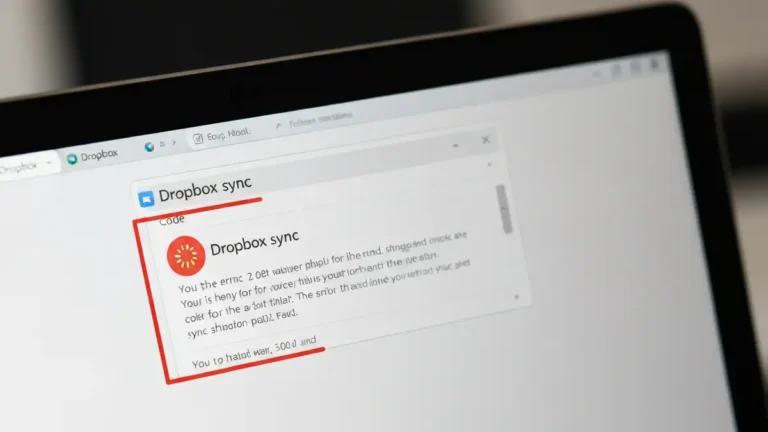 Komunikat o błędzie synchronizacji Dropboksa na laptopie z ekranem diagnostycznym