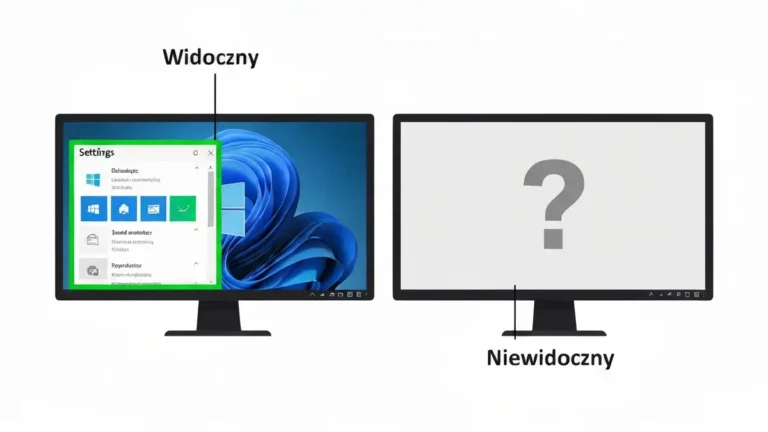 Komputer z dwoma monitorami, jeden podświetlony na zielono (widoczny w Windows), drugi z zapytaniem (niewidoczny)