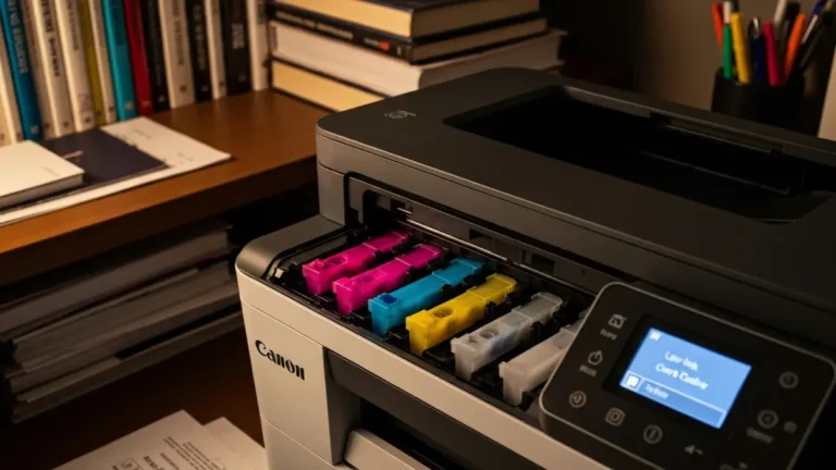 Drukarka Canon z otwartym schowkiem na kartridże kolorowe (magenta, cyan, żółty, czarny) i wyświetlanym komunikatem błędu