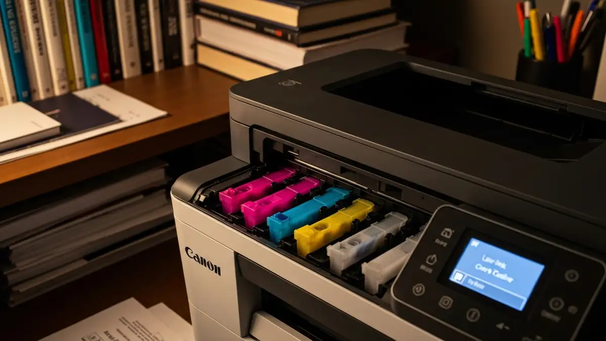 Drukarka Canon z otwartym schowkiem na kartridże kolorowe (magenta, cyan, żółty, czarny) i wyświetlanym komunikatem błędu