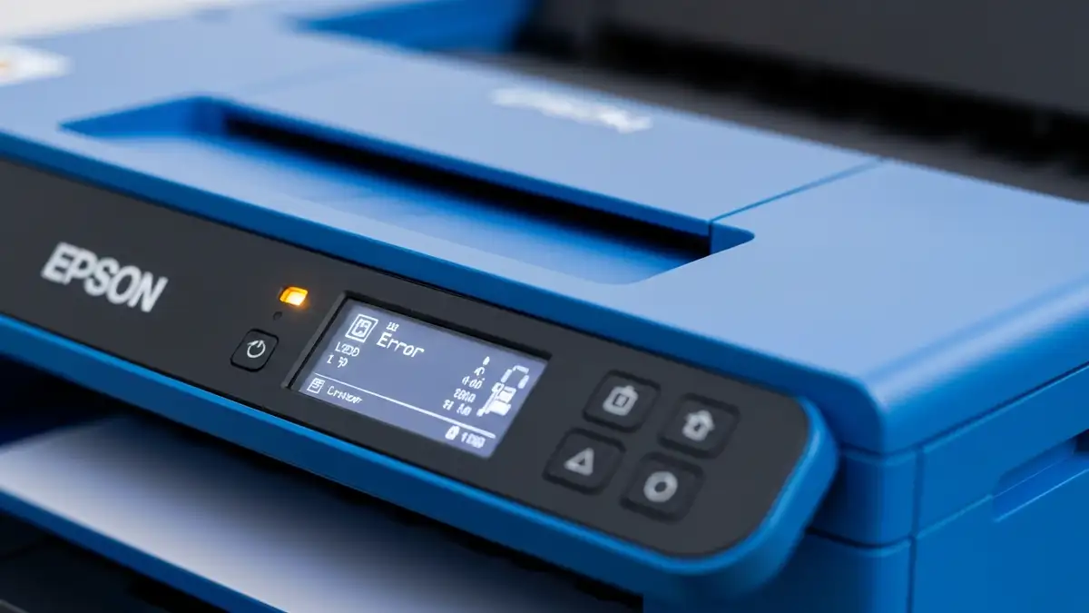 Drukarka Epson L3150 z widoczną migającą diodą LED i wyświetlaczem błędu